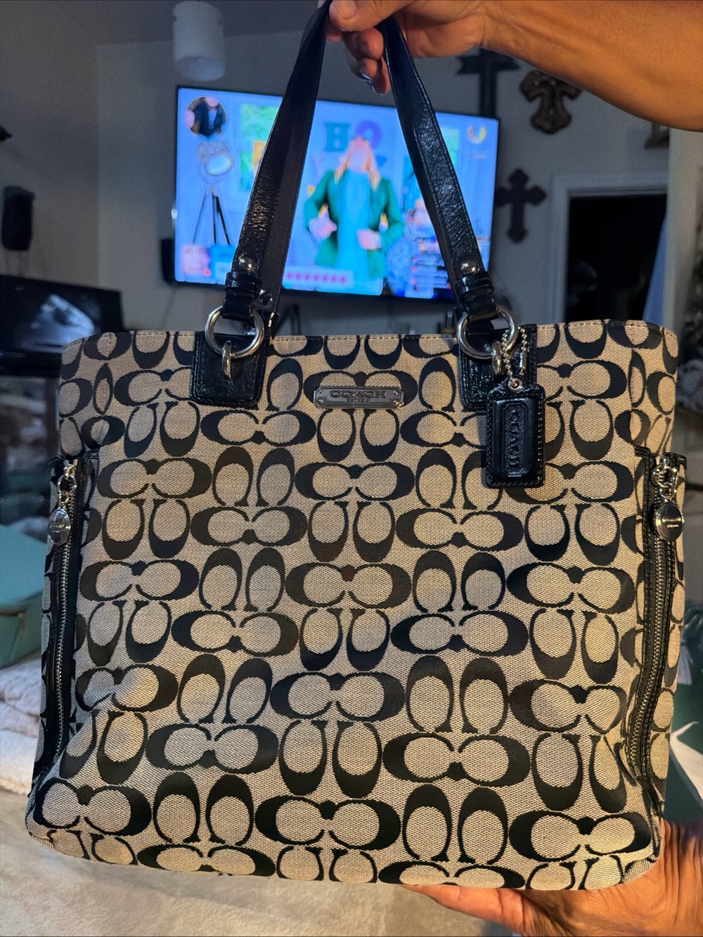 Coach Black and Cream Signature Canvas Tote